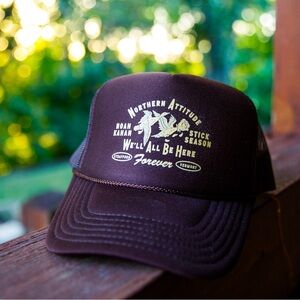 Noah Kahan merch, Northern Attitude We’ll All Be Here Forever brown trucker hat